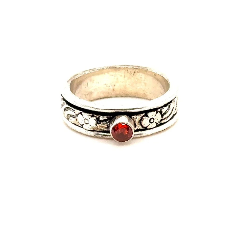 Sterling Silver 925 Floral Spinner Ring Orange Red Stone Boho Meditation Band 10